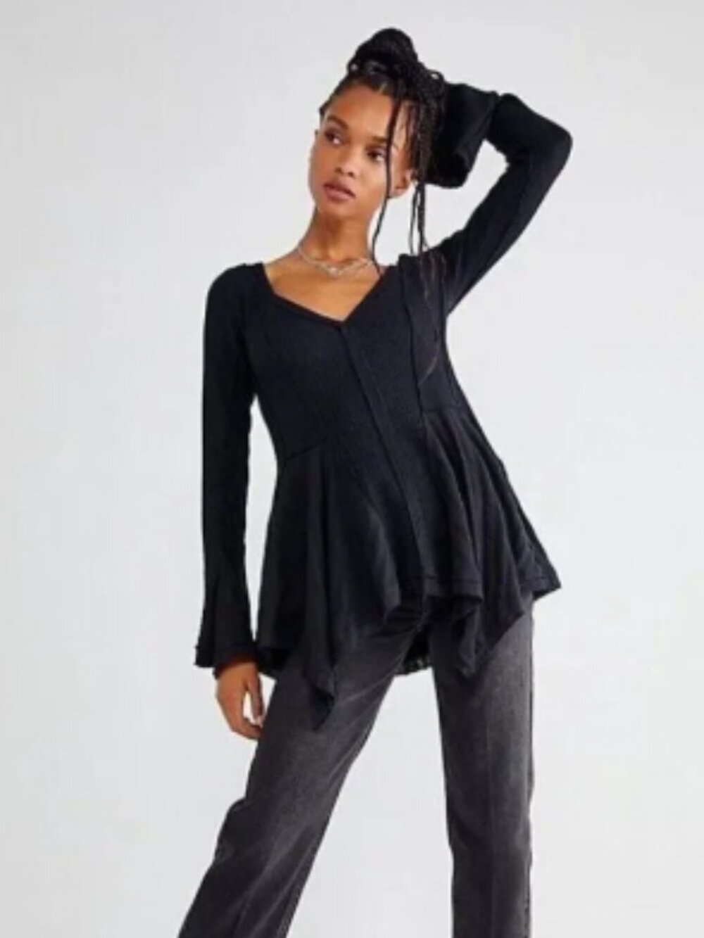 Free People We the Free Black Waffle Knit Flowy Primrose Thermal Size Small